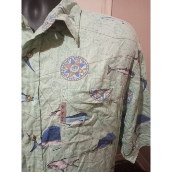 Columbia Mens Fish Graphic Print Green Button Down Short Sleeve Shirt Large L - Picture 6 of 12